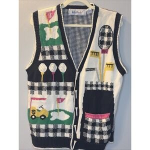VTG BellePointe Golf Knit Sweater Vest Novelty Patchwork Gingham Grandpa Core M